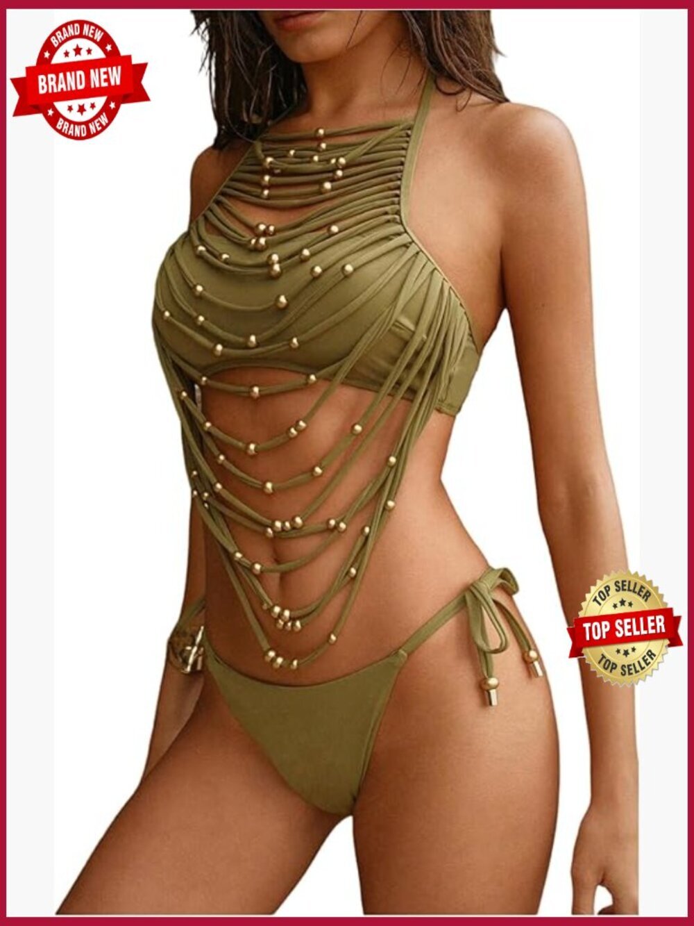 2 Piece Halter Tankini Set Cut Out Beaded Fringe Tie Side Bathing Suit